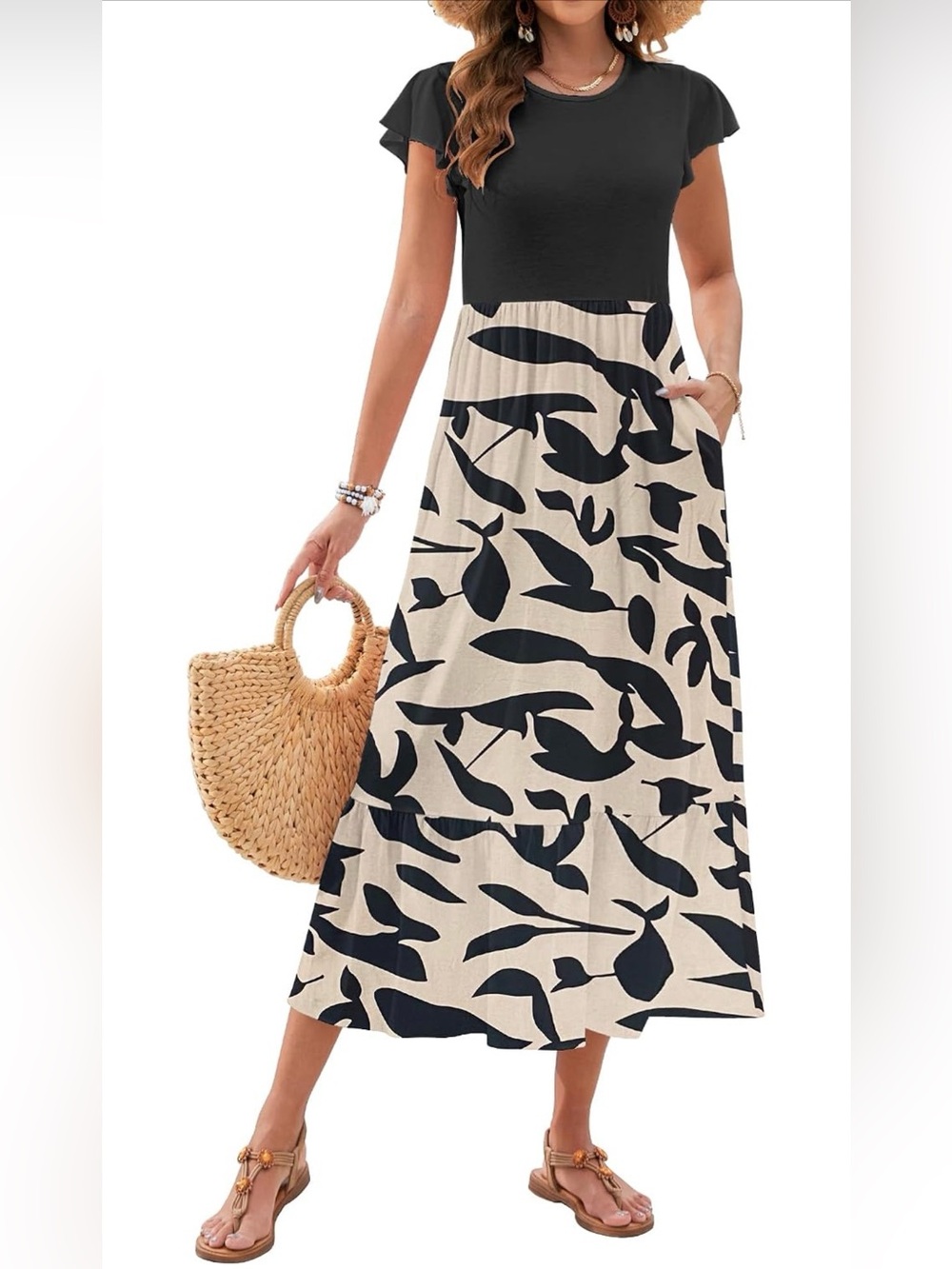 Black and Cream Maxi Dress with Abstract Print NWT
